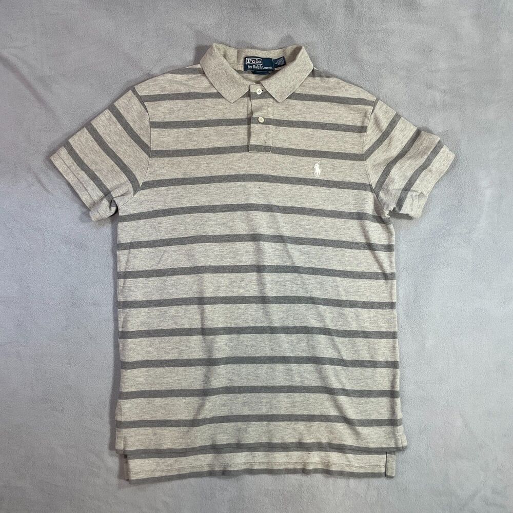 Polo Ralph Lauren Mens Size Large Custom Fit Striped Polo Shirt Gray Cotton